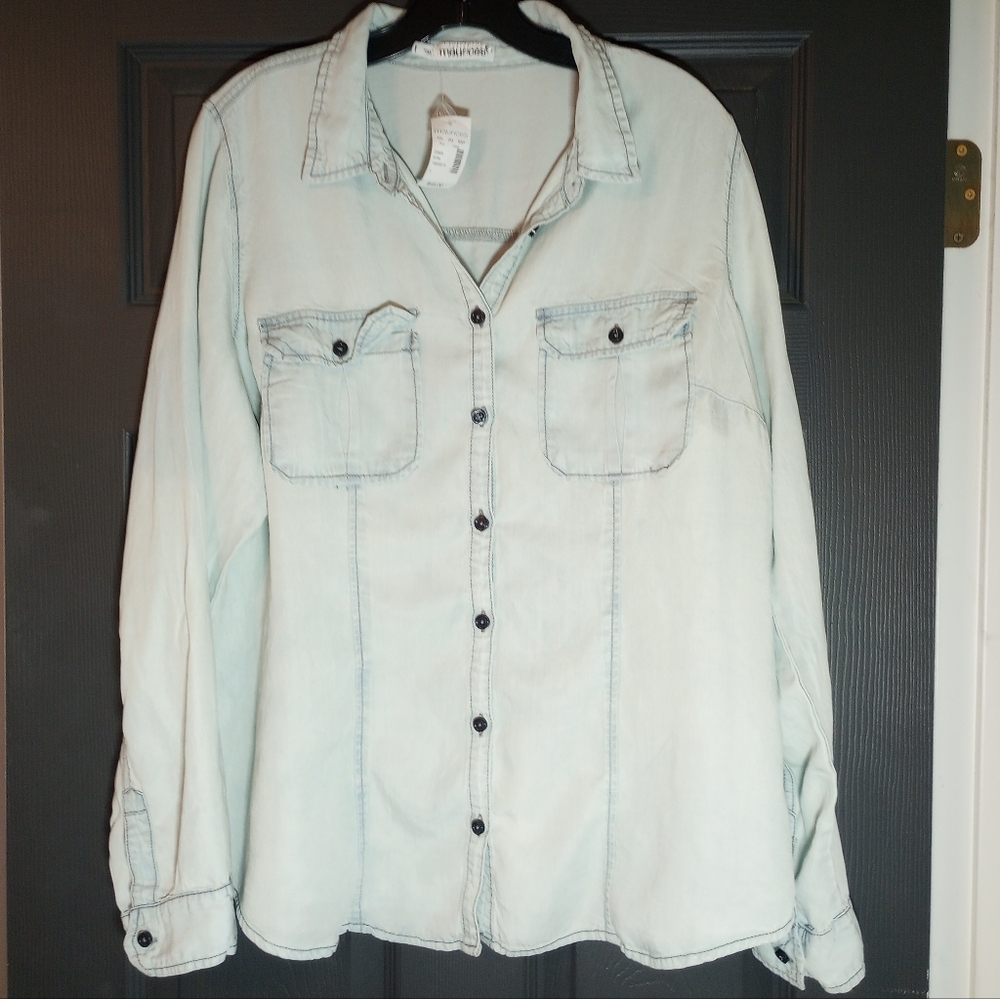 Faded Denim Coastal Cowgirl Light Weight Button Down Earthy Boho Western Blouse